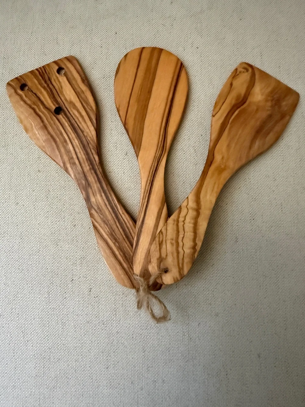 NWT Set-of-3 7” Olive Wood Utensils by Arte Legno, Italy, each piece unique
